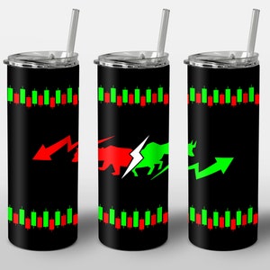 May include: Three black stainless steel tumblers with a green and red stock market chart design. The tumblers feature a bull and bear graphic with a lightning bolt in the middle.