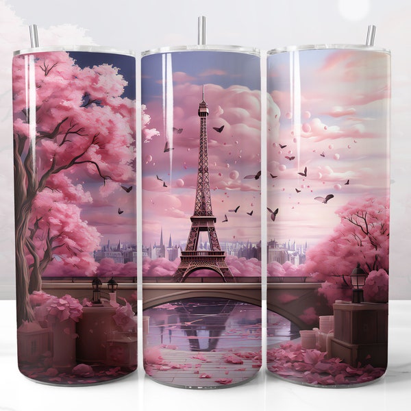 Paris Eiffel Design for Tumbler, Pink Fall Winter Spring Tree Floral Paris Tour, STRAIGHT 20oz Skinny Tumbler Wrap Sublimation