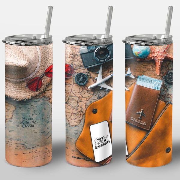 Say Yes to New Adventures Design for Tumbler, Traveling Materials Map Camera Passport, STRAIGHT 20oz Skinny Tumbler Wrap Sublimation Image