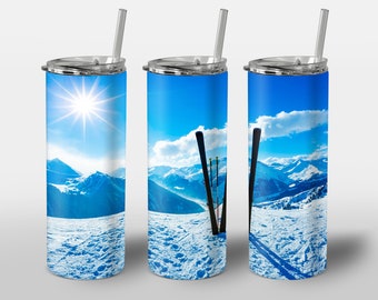 Skiing Skis Mountains Design for Tumbler, STRAIGHT 20oz Skinny Tumbler Wrap Sublimation