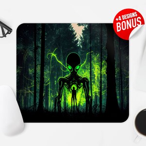 Alien Mouse Pad Sublimation Design, Jungle Green Neon Alien Computer Mouse Pad PNG Image, Mouse Pad Template, Digital Download