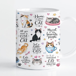 Op de afbeelding: Een witte keramische mok met een herhalend patroon van diverse geïllustreerde katten in tinten oranje, grijs, zwart en wit, afgewisseld met kleurrijke hartjes, sterren en teksten zoals Home is where my CAT is en My cat is my favorite people.
