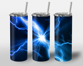 Lightning Design for Tumbler, Blue Neon Meteorological Electrical Lights, STRAIGHT 20oz Skinny Tumbler Wrap Sublimation