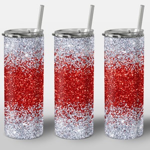Red Sliver Glitter Design for Tumbler, White Gray Cherry Ombre Gradient Design, PNG Image, STRAIGHT 20oz Skinny Tumbler Wrap Sublimation