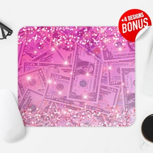 Pink Money Mouse Pad Sublimation Design, Glitter Pink Computer Mouse Pad PNG Image, Printable Square Mouse Pad Template Digital Download