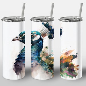 Watercolor Peacock Design for Tumbler, Alcohol Ink Art Paint, STRAIGHT 20oz Skinny Tumbler Wrap Sublimation
