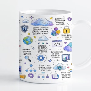 May include: A white ceramic mug featuring a colourful, hand-drawn style illustration of cloud computing concepts. The design includes icons of clouds, shields, gears, and code brackets, accompanied by text such as Automate everything, Manage nothing.