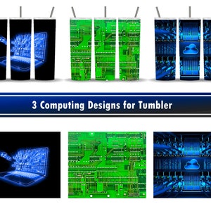 Pode incluir: Três designs para um copo com imagens relacionadas com computadores. O primeiro design mostra um laptop azul com dados a sair dele sobre um fundo preto. O segundo design mostra uma placa de circuito verde. O terceiro design mostra um rack de servidor azul com um ícone de nuvem no centro.