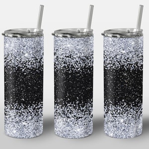 Black Sliver Glitter Design for Tumbler, White Gray Dark Ombre Gradient Design, PNG Image, STRAIGHT 20oz Skinny Tumbler Wrap Sublimation
