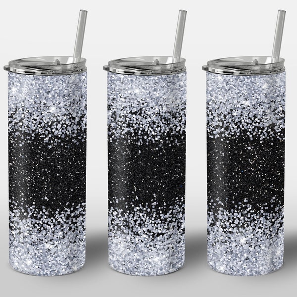 Black Sliver Glitter Design for Tumbler, White Gray Dark Ombre Gradient Design, PNG Image, STRAIGHT 20oz Skinny Tumbler Wrap Sublimation