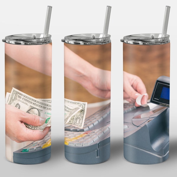 Cashier Money Design for Tumbler, Cashier Sign Payment Machine Reception, STRAIGHT 20oz Skinny Tumbler Wrap Sublimation