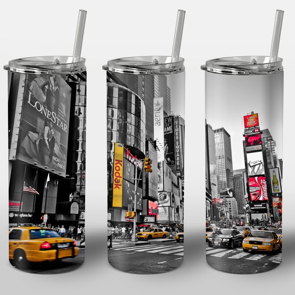 City Design for Tumbler, High Buildings Streets Yellow Taxi Black & White Filter, PNG Image, STRAIGHT 20oz Skinny Tumbler Wrap Sublimation