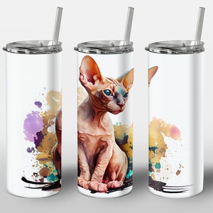Watercolor Kitten Design for Tumbler, Alcohol Ink Art, Cute Baby Colorful Sphynx Rex Cat, STRAIGHT 20oz Skinny Tumbler Wrap Sublimation