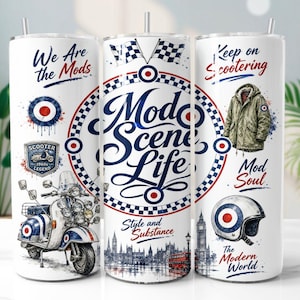 Immagine PNG di Mod Scene Tumbler Wrap, design per sublimazione su bicchiere skinny da 20 oz con scooter retrò, download digitale