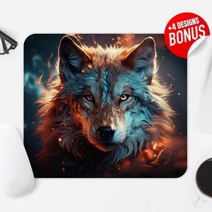 May include: A close-up of a wolf's face with blue and orange fur. The wolf is looking directly at the viewer with a serious expression. The background is a dark blue with orange and blue sparks.