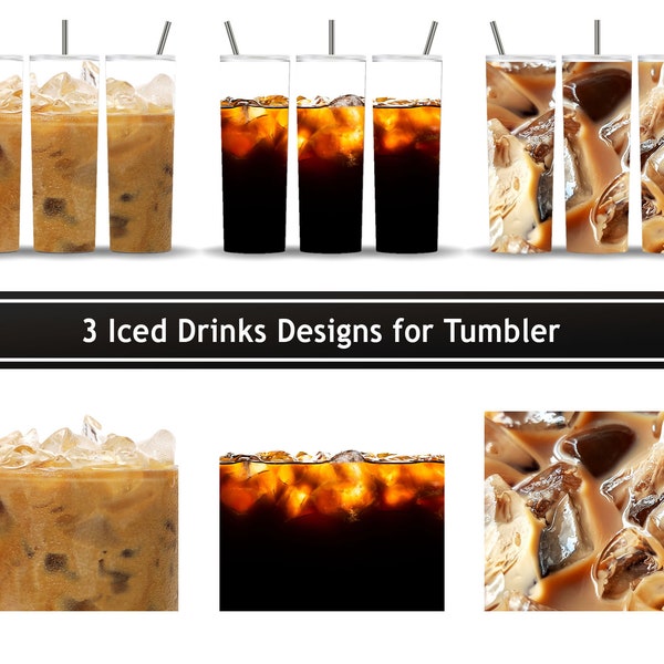 Iced Drinks Designs Bundle for Tumbler, Iced Coffee Glass Cola Drinks Cup, Set of 3 Wrap PNG for 20oz Skinny Tumbler Sublimation