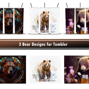 Bear Designs Bundle, Alcohol Ink, Colorful Wild Bear Cute Honey Watercolor Paint, Set of 3 Wrap PNG for 20 oz Skinny Tumbler Sublimation