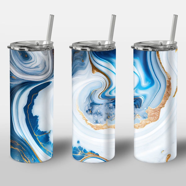 Marble Design for Tumbler, Alcohol Ink Art, Blue White Gold Mix, STRAIGHT 20oz Skinny Tumbler Wrap Sublimation Design, Digital Image PNG