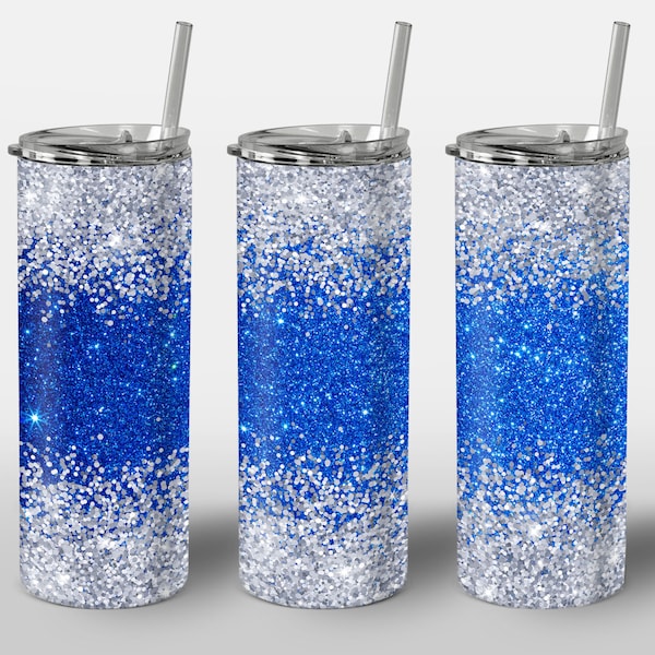 Blue Sliver Glitter Design for Tumbler, White Gray Blue Ombre Gradient Design, PNG Image, STRAIGHT 20oz Skinny Tumbler Wrap Sublimation