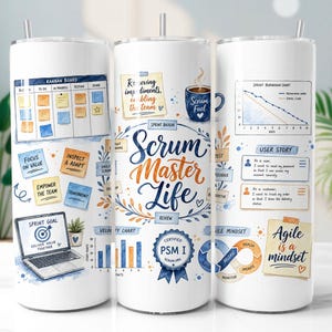 May include: Three white cylindrical tumblers with metal straws, featuring colourful illustrations of Scrum methodology concepts, including a Kanban board, sprint burndown chart, user stories, and the text Scrum Master Life and Agile is a mindset.