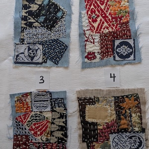 Peut inclure: Quatre patchworks textiles avec des motifs et des coutures complexes. Chaque patch présente une combinaison unique de motifs et de couleurs, notamment du bleu, du rouge et du marron. Les patchs sont disposés sur une surface blanche, mettant en valeur le savoir-faire.