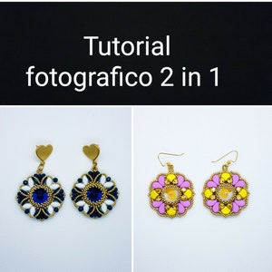 May include: Two pairs of beaded earrings. The first pair is white and blue with a heart-shaped hook. The second pair is pink and yellow with a hook.