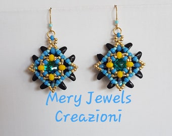 Chilly Earrings Tutorial, photo tutorial in Italian with beads, DIY earrings tutorial, Preciosa beads, PDF earrings, blue earrings