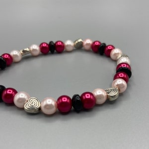 Red Black Pink Beaded Stretch Bracelet with Hearts