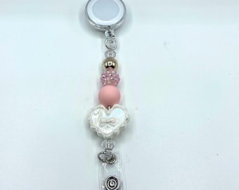Pink & White Beaded Badge Reel
