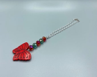 Red Butterfly Beaded Rearview Mirror Decor/ Car Charm