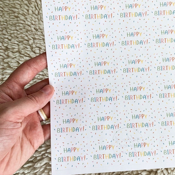 Happy Birthday Sticker Sheet | packaging stickers for birthday cards, mail, or gifts | 1.5 inch rectangle sticker | 28 stickers