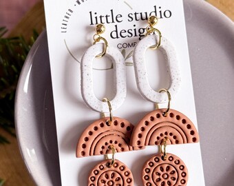 Caramel Embossed Clay Teardrop, Handmade Polymer Clay Earrings, Boho Handmade Earrings, Modern Statement Earrings, brown and White