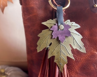 Olive Green Fall MAPLE Leaf Purse Charm,  Genuine Leather Bag Charm, Fall Purse Bling flair, Large Leather Leaf, Little Studio Design Co