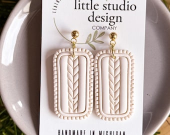 Off White Clay Cable Knit Earrings, Handmade Polymer Clay Earrings, Cream Earrings for Her, Winter Earrings, Michigan Handmade gifts