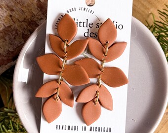 Caramel Tan Leaf Dangle Earrings, Brown Leaf Earrings, Handmade Clay Earrings