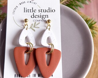 Modern Geometric Clay Earrings, Triangle Duo Earrings, Christmas gift, Brown and White Earrings, Handmade Earrings,  Statement Earrings