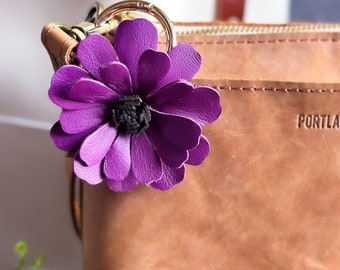 Large Magenta Plum Daisy Flower Purse Charm, Purple Coneflower Genuine Leather Bag Charm,  purse Bling flair, Spring Bag Charm, Mothers Day