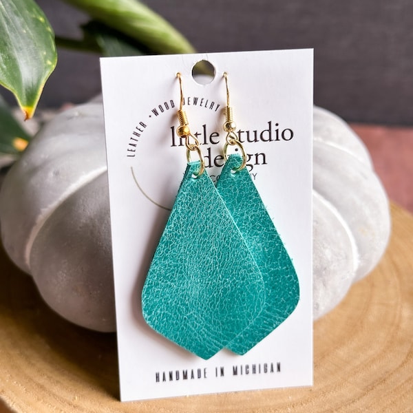 Turquoise Green Leather Earrings, Pointed Teardrop Leather Earrings, Distressed Leather, Boho Earrings, Earrings for gifts