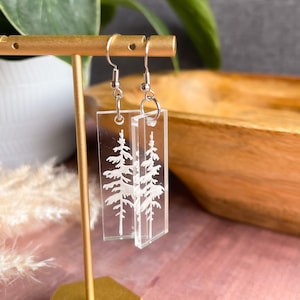 Clear Acrylic Evergreen Tree Earrings, Engraved Bar Earrings, Winter Earrings, Holiday Earrings, Gift for Mom, Christmas Earrings