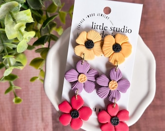 Garden Floral Trio Earrings, Polymer Clay Earrings, Clay Flower Earrings, Large Stud Earrings, Summer Earrings, Gift for mom