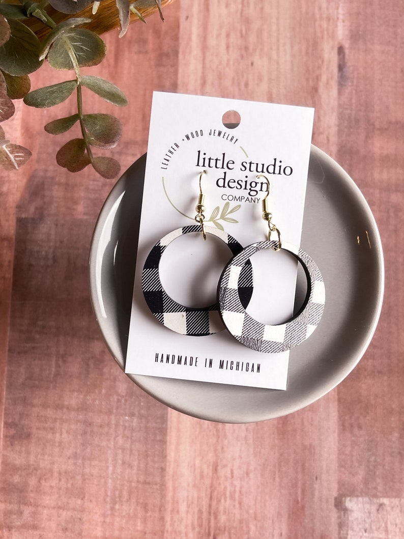 Black and White Wood Earrings, Buffalo Plaid Earrings, Christmas Earrings, Handmade Earrings, Holiday gift her, Stocking Gift Her