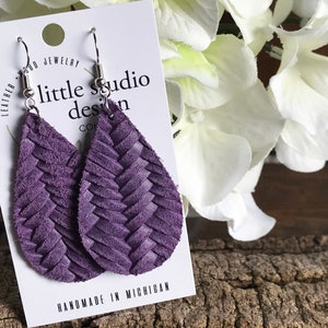 Purple Braided Leather Earrings, Leather Teardrop Earrings, Genuine Leather Earrings, Bridesmaid Earrings, Little Studio Design Co