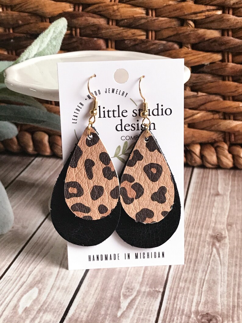 Bridesmaid Earrings Black Leather Earrings Christmas Gift her Leopard Leather Teardrop Earrings Layered Leather Earrings