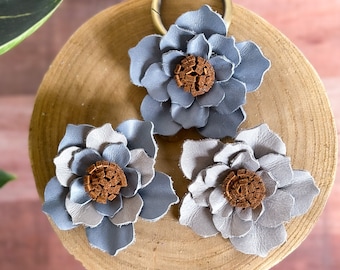 Blue Gray Flower Purse Charm, Single Blue Gray Magnolia Flower Purse Charm, Genuine Leather Tote Charm, Magnolia Flower Bag Charm