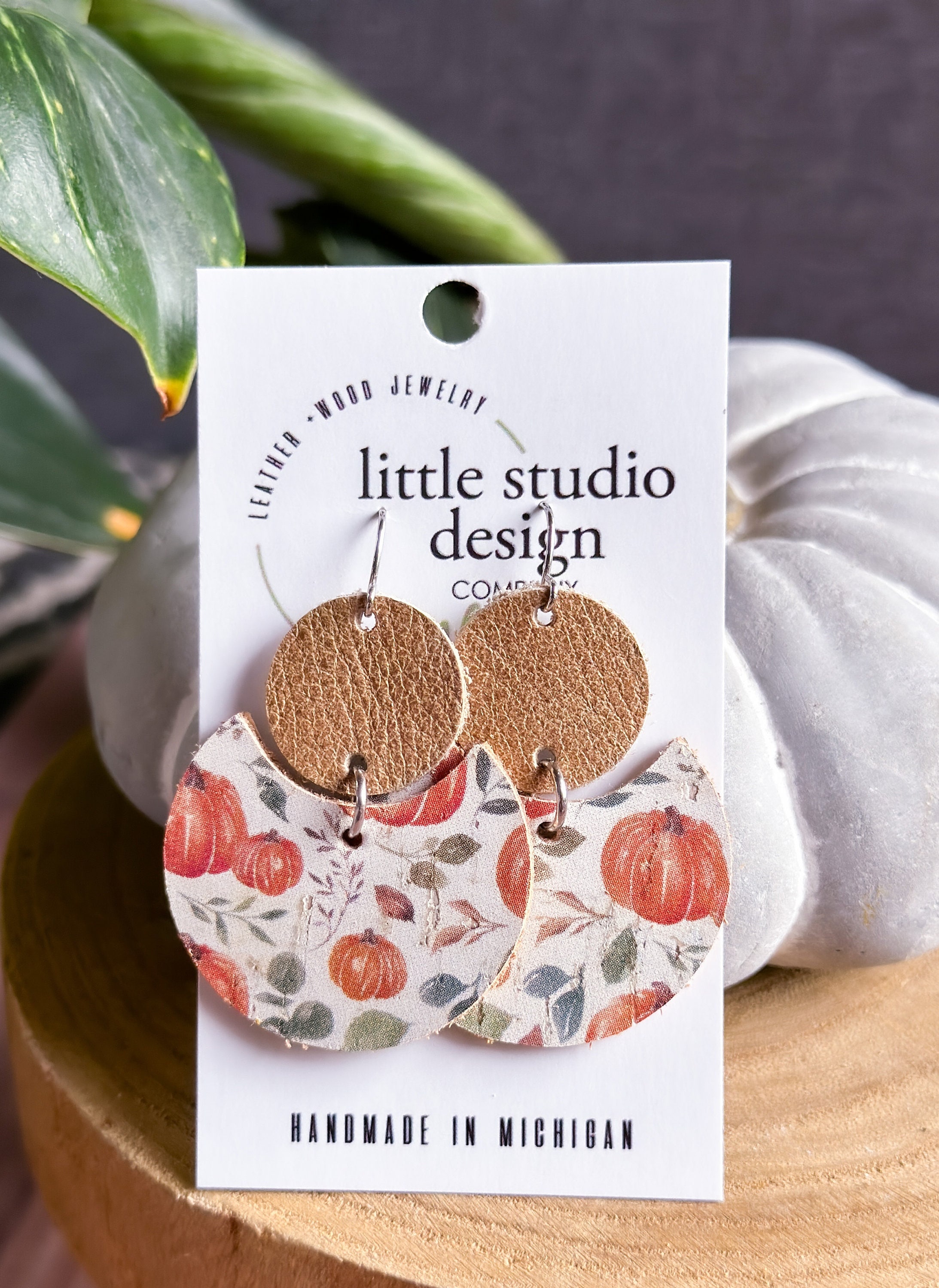 Fall Leather and Cork Earrings Pumpkin Earrings Autumn 