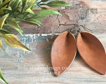 Cognac Leather Petal Earrings, Leather Earrings, Leather Leaf Earrings, Pinched Petal Earrings