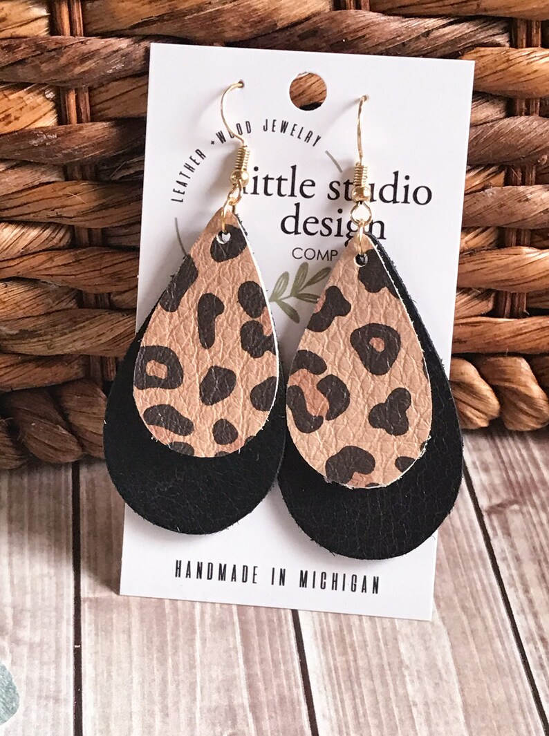 Bridesmaid Earrings Black Leather Earrings Christmas Gift her Leopard Leather Teardrop Earrings Layered Leather Earrings