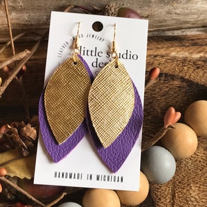Purple and Gold Leather Earrings, LSU Football Earrings, Team Spirit Earrings, Layered Leather Earrings, College Football Earrings