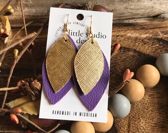 Purple and Gold Leather Earrings, LSU Football Earrings, Team Spirit Earrings, Layered Leather Earrings, College Football Earrings