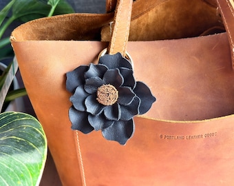 Black Flower Leather Purse Charm, Single Magnolia Flower Purse Charm, Genuine Leather Tote Charm, Magnolia Flower Bag Charm